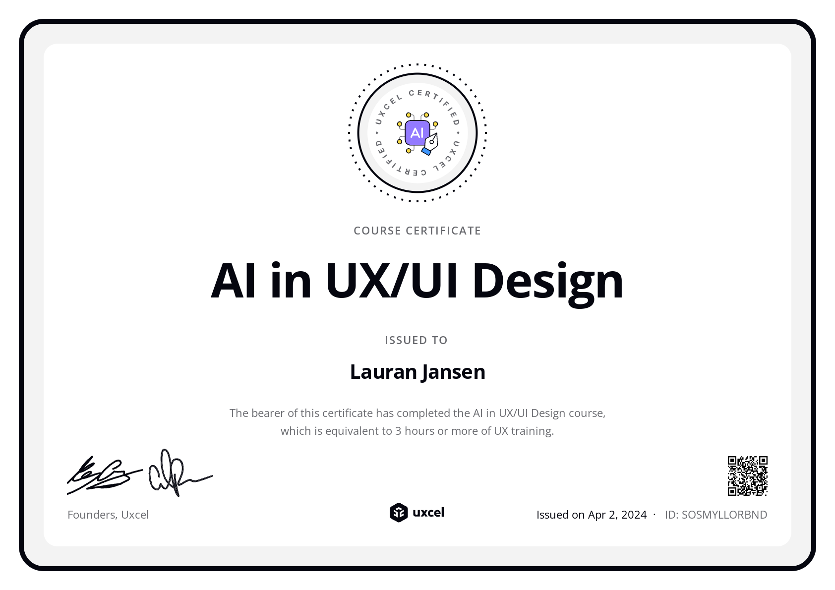 Lauran Jansen's certificate